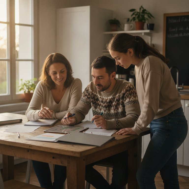 Une famille examine des documents de rénovation autour d'une table de cuisine